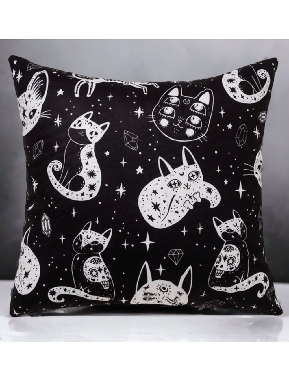 Pillow Cover Celestial Cat Moon Stars Black White Large Square 17.7 in